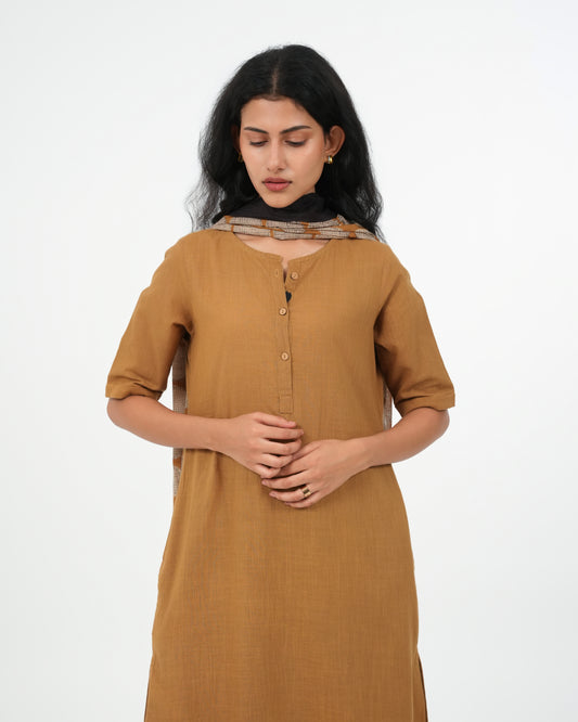 Olive Yellow Cotton Kurta with dupatta (3/4 Sleeves)
