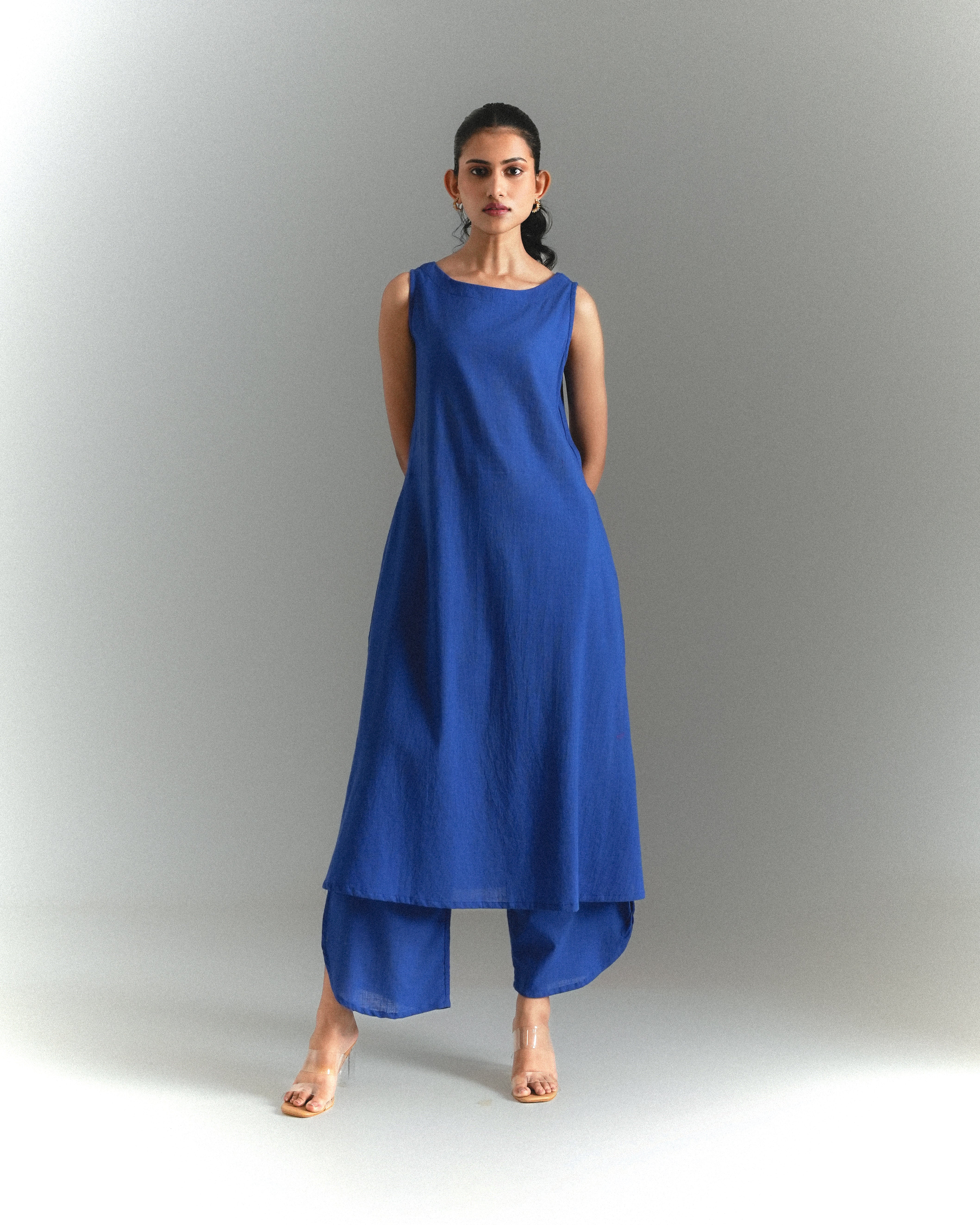 3 Piece Royal Blue Sleeveless Cotton Kurta Set