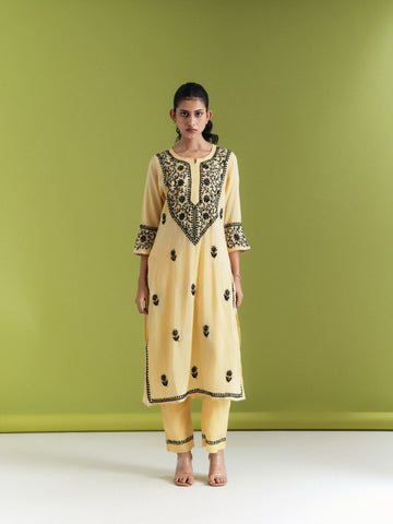 Nimbu Ras Aabroo 2-Piece Kurta Set - Yellow Chikankari ( Chanderi)
