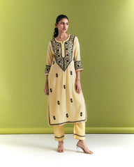 Nimbu Ras Aabroo Kurta Set - Yellow Chikankari ( Chanderi)
