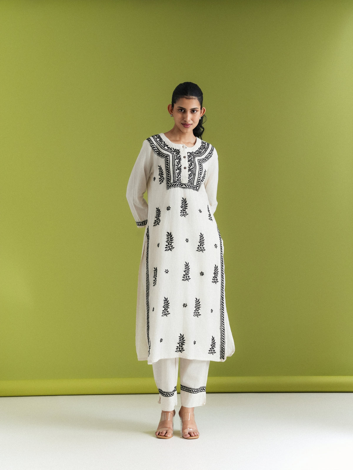 Doodh Malai Dhaaga 2-Piece Kurta Set (Off white with black chikankari kurta set - long)