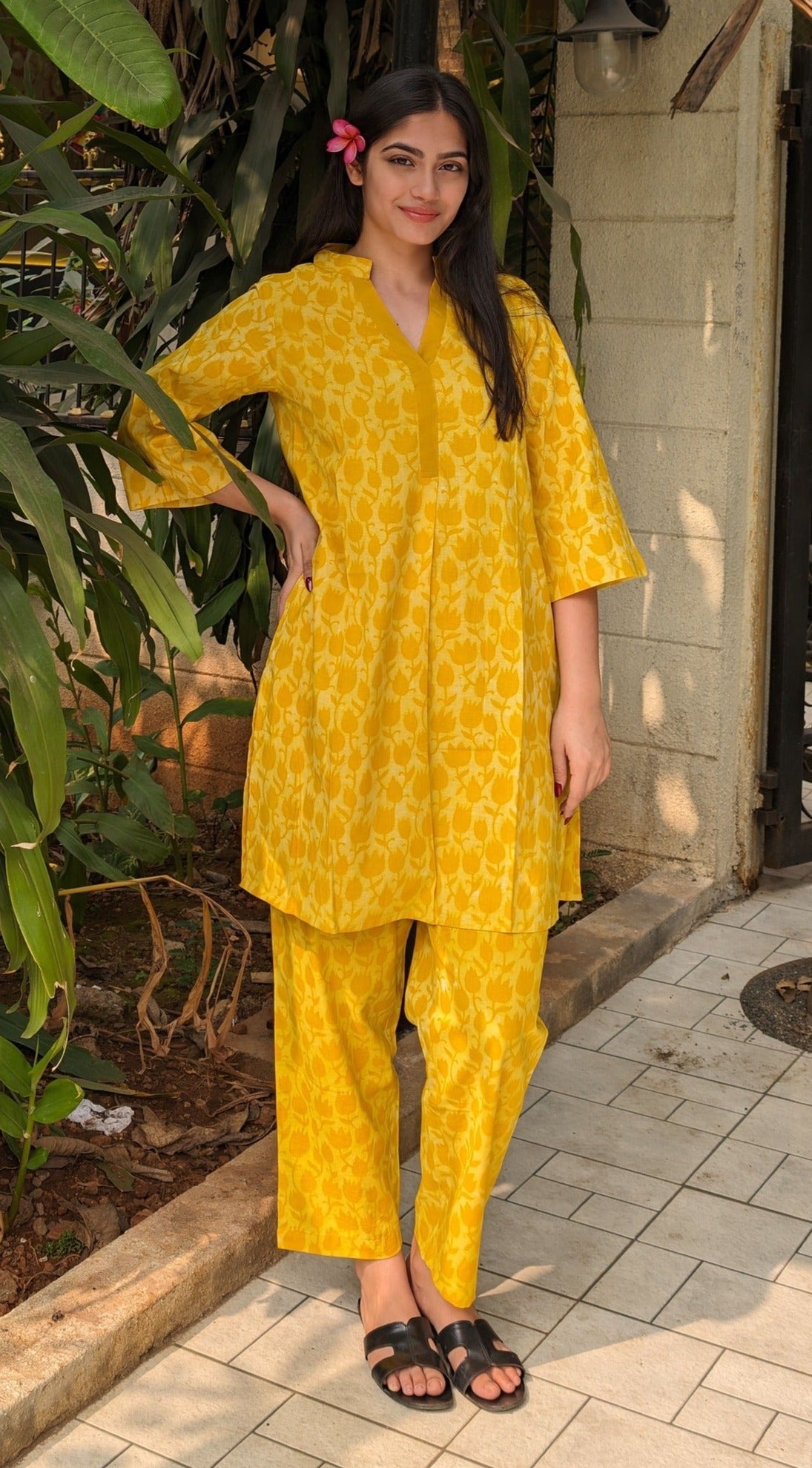 Yellow Tulip Handblock Cotton Co-ord Set