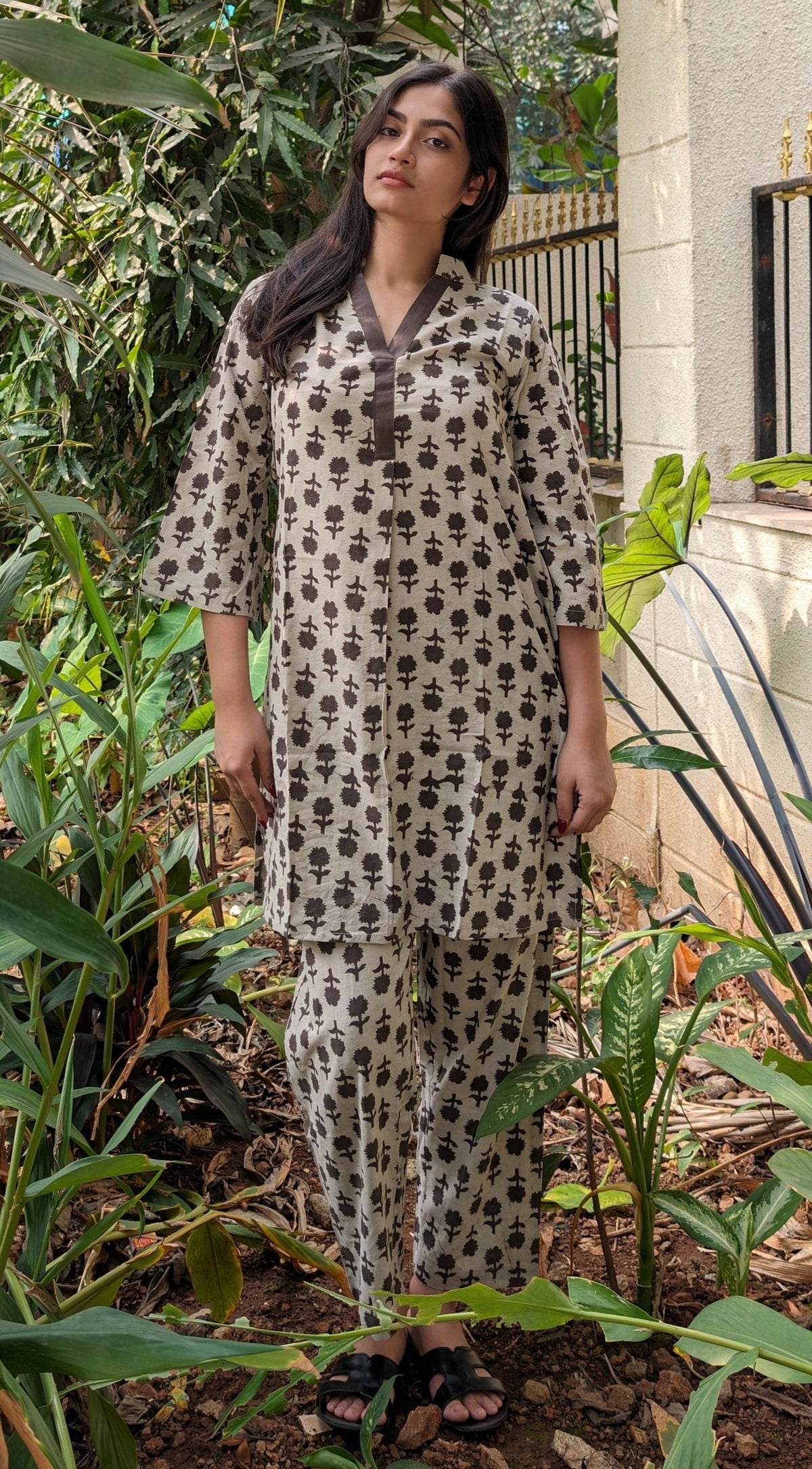 Gray Flower Handblock Cotton Co-ord Set