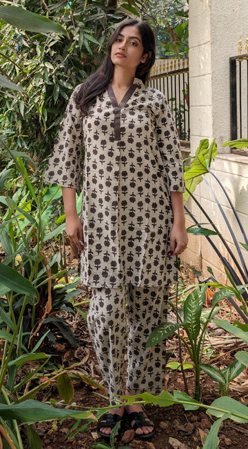 Gray Flower Handblock Cotton Co-ord Set